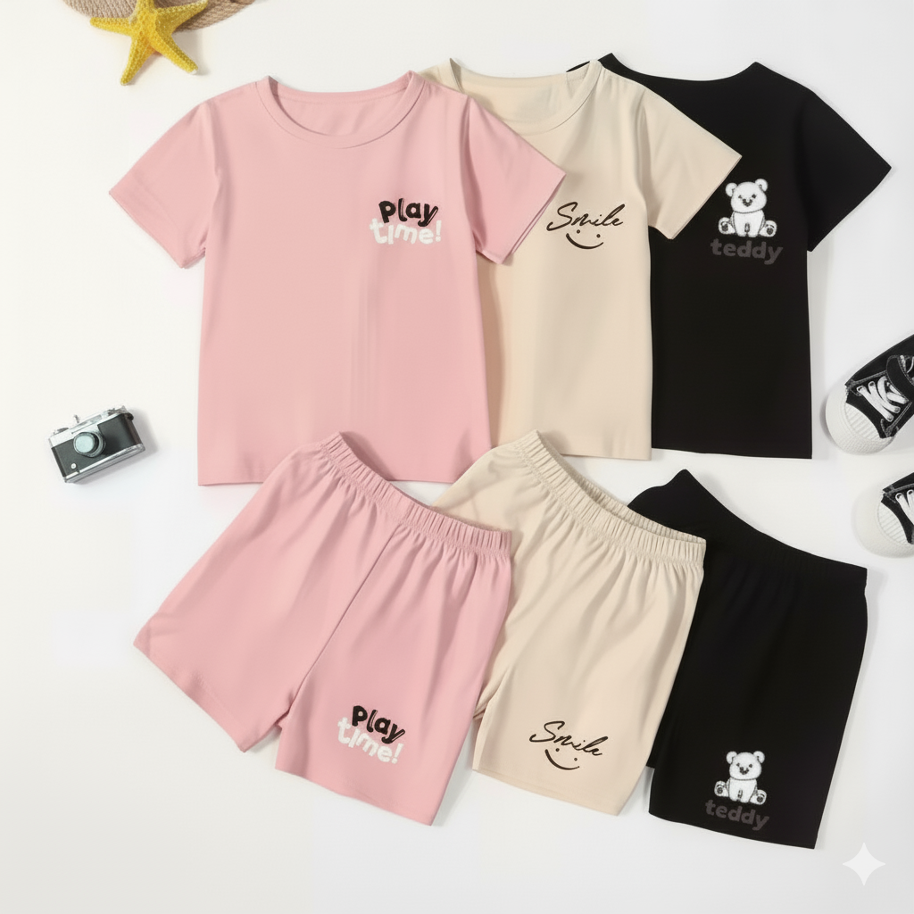 Adorable Kids' Playtime & Smile Three-Piece Sets - Soft & Stylish Shorts Outfits